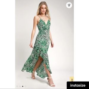 Lulu’s Vacation Mood Green Leaf Print Ruffled Maxi Dress